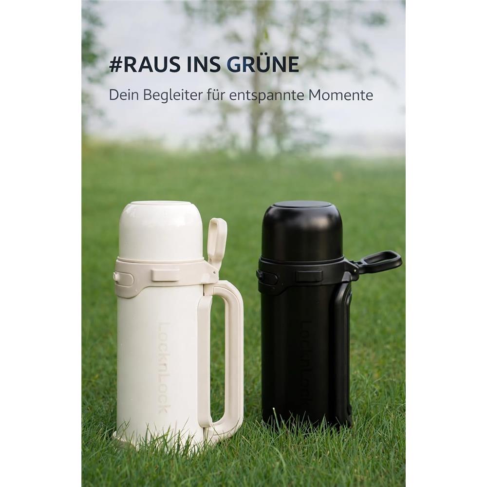LocknLock Thermoskanne 1,8 L Creme, Becher, Edelstahl, Tragegurt, Auslaufsicher