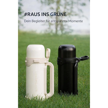 LocknLock Thermoskanne 1,8 L Creme, Becher, Edelstahl, Tragegurt, Auslaufsicher
