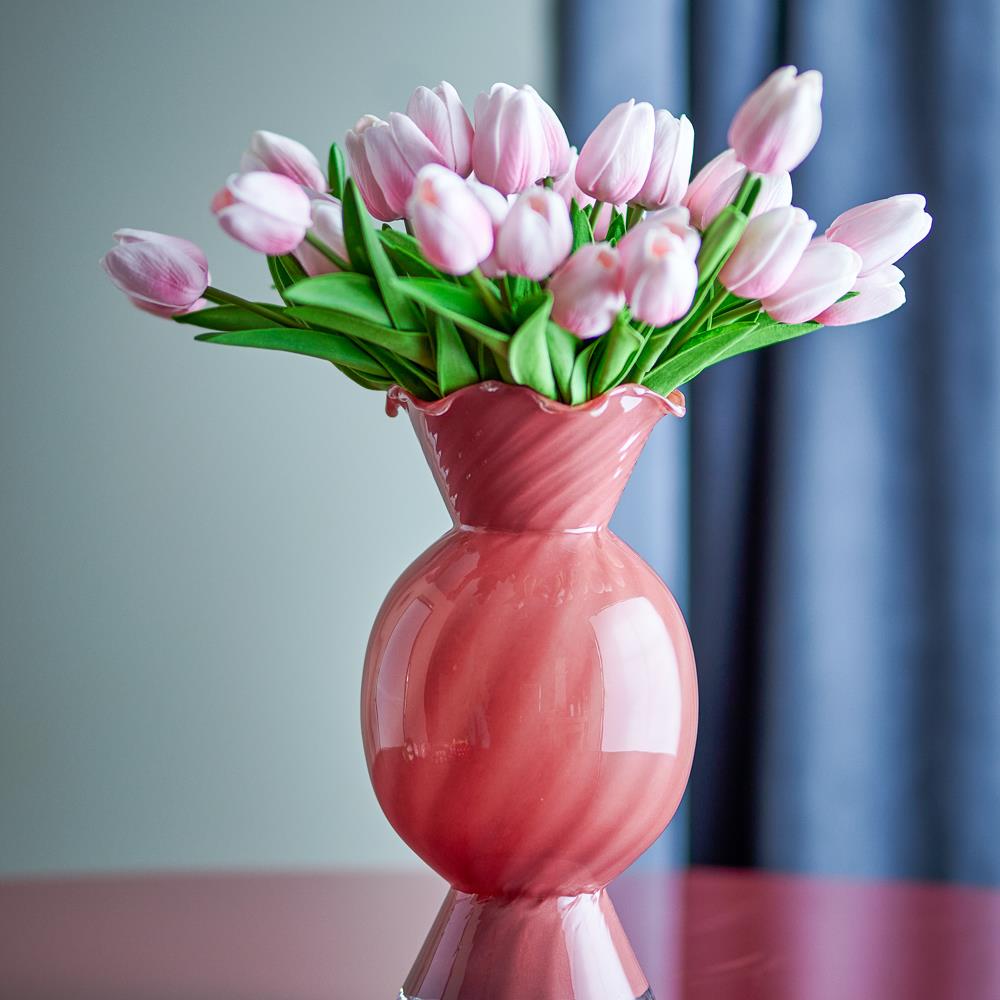 Bloomingville Rajan Vase Rosa Glas Dekovase mit gewelltem Rand 29 cm