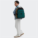Kipling SEOUL L, Großer Schulrucksack mit 15-Zoll-Laptopfach, 27L, Black Khaki Block (grün)