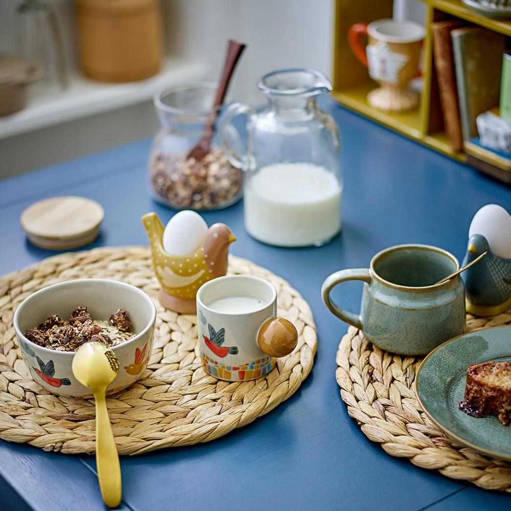 Bloomingville Birdy Eierbecher 2er Set, Blau/Gelb, Steingut, handbemalt, dekorativ & verspielt