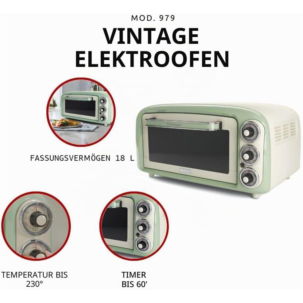 Ariete Vintage Mini Backofen, Grün, 18L Elektrobackofen im Retro-Design, 1380W, 230°C
