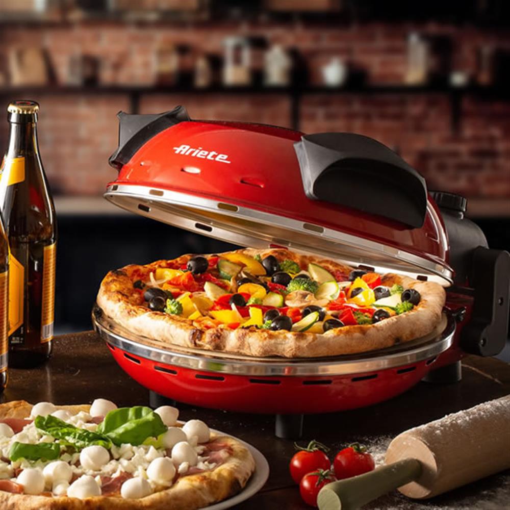 Ariete 4-Minuten-Pizzaofen, Rot, Pizzamaker mit Pizzastein 32 cm, 400°C, 1200W
