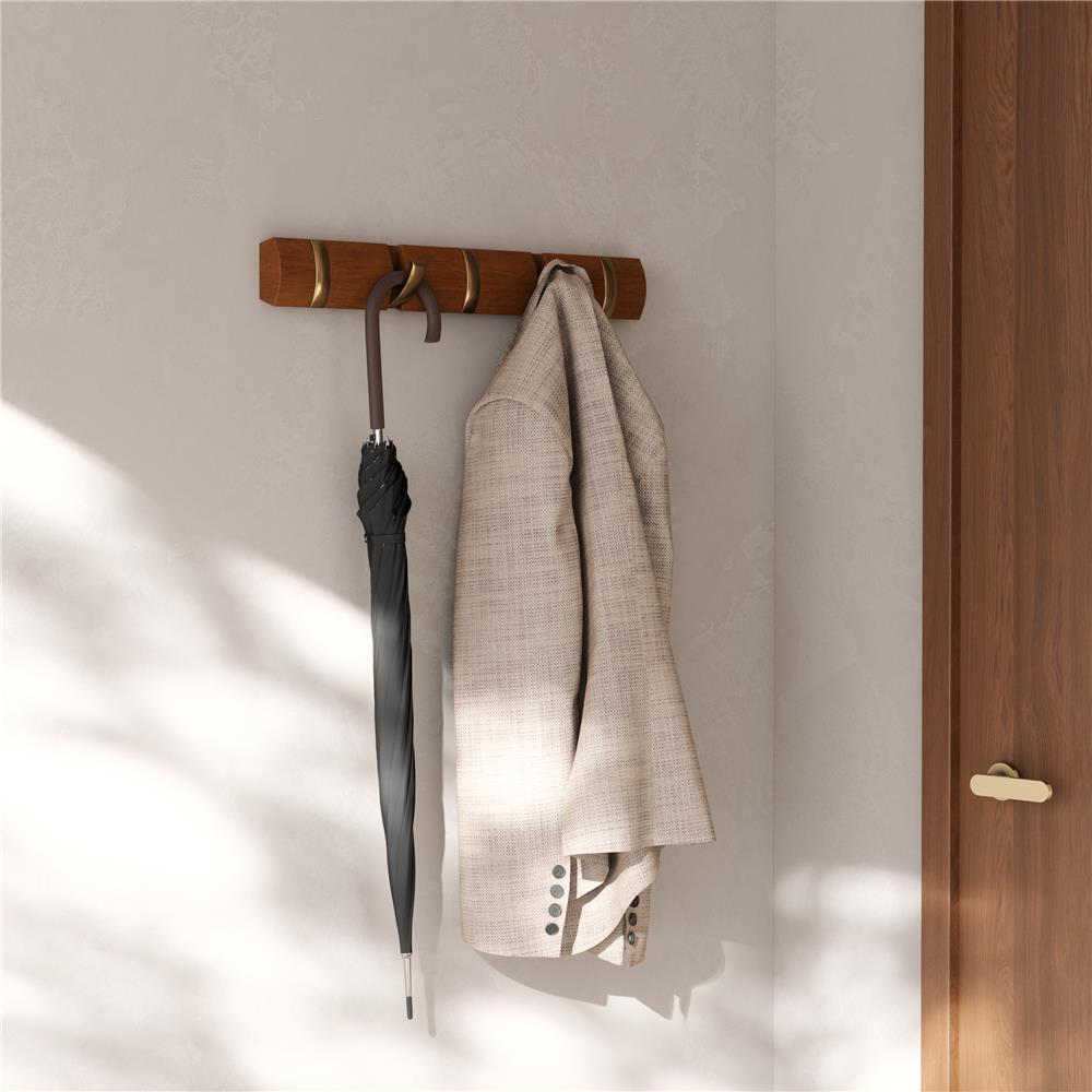 Umbra Flip Wandgarderobe, Garderobenleiste in Walnuss Hell, mit 5 beweglichen Haken in Warmes Gold