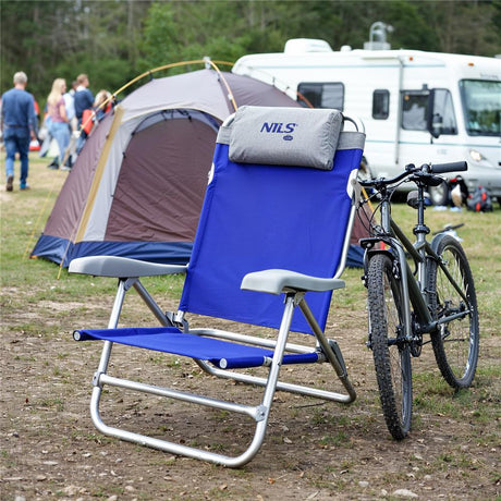 NILS CAMP Klappstuhl Blau-Grau - verstellbarer Campingstuhl/Liegestuhl für Garten, Camping & Strand