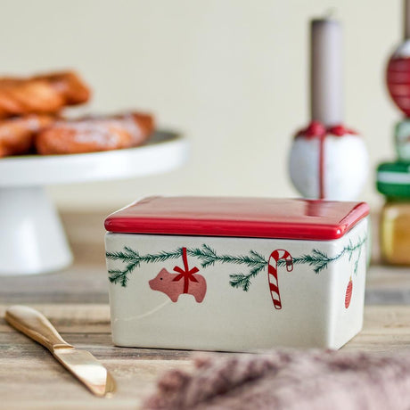 Bloomingville Yule Weihnachts Butterdose, Steingut 250 ml mit Deckel