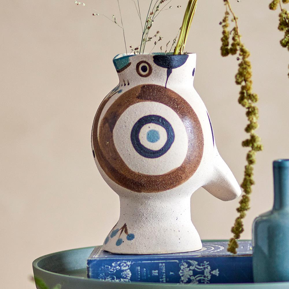 Bloomingville Mahrab Vase, Natur, Steingut – handdekorierte Vogelvase mit künstlerischem Charakter
