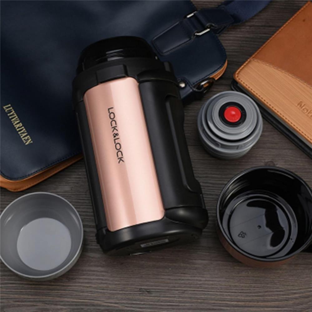 LocknLock Isolierkanne 1,5 L Rosegold - Thermoskanne Edelstahl mit Becher & Tragegurt