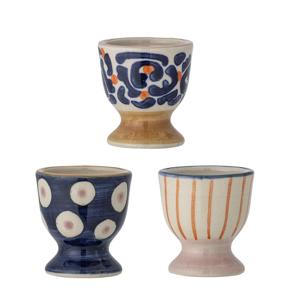 Bloomingville Eviaya Eierbecher 3er-Set, Blau – handbemalte Steingut-Eierbecher