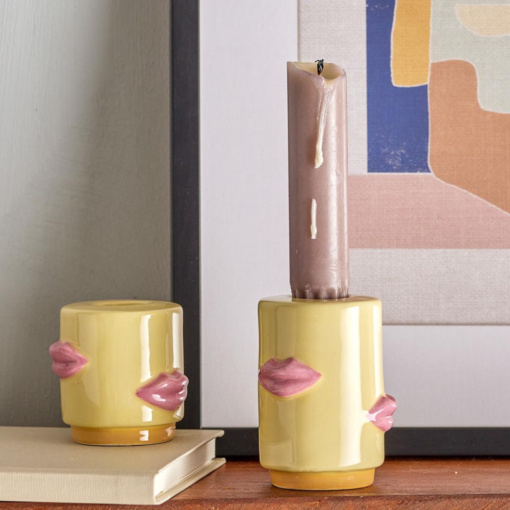 Bloomingville Sassy Kerzenhalter Gelb Steingut 2er Set – verspieltes Lippen-Set