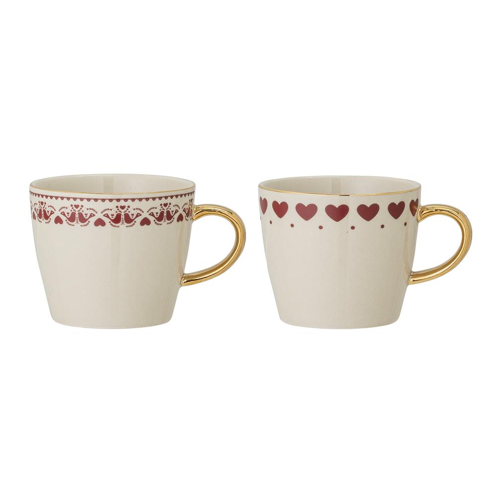 Bloomingville Jolly Tassen, 2er Set – mit Herzen und Turteltauben, Weihnachten, dänisches Design