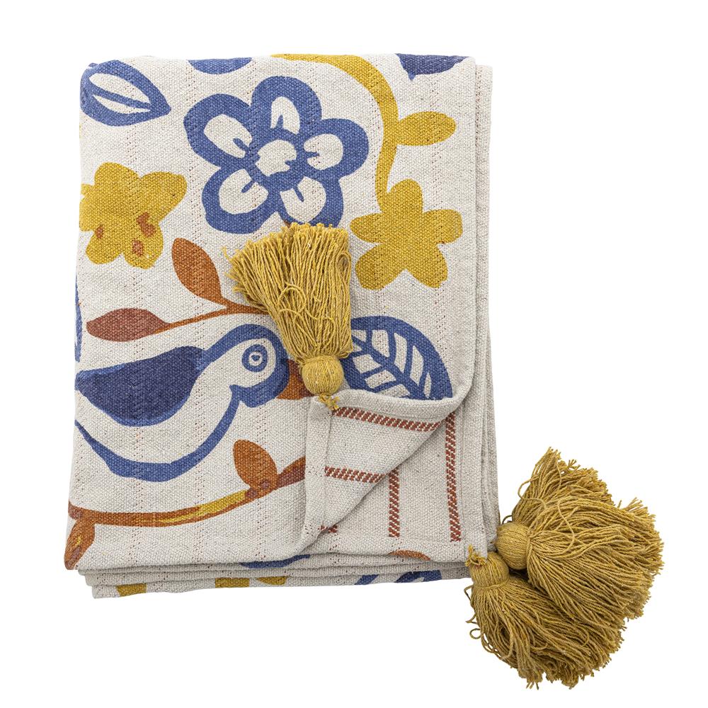 Bloomingville Figuria Wohndecke Vogelmotiv 160 x 130 cm mit recycelter Baumwolle mit Quasten