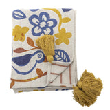 Bloomingville Figuria Decke bunt - Plaid mit Vogelmotiv aus Baumwolle für Sofa Wohnzimmer