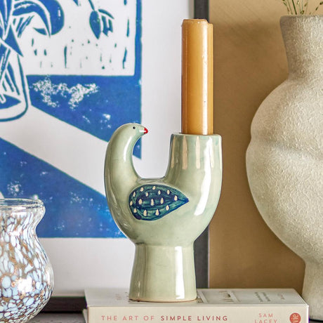 Bloomingville Trudy Kerzenhalter, Vogel, in Blau, aus Steingut, Kerzenständer, im dänischen Design