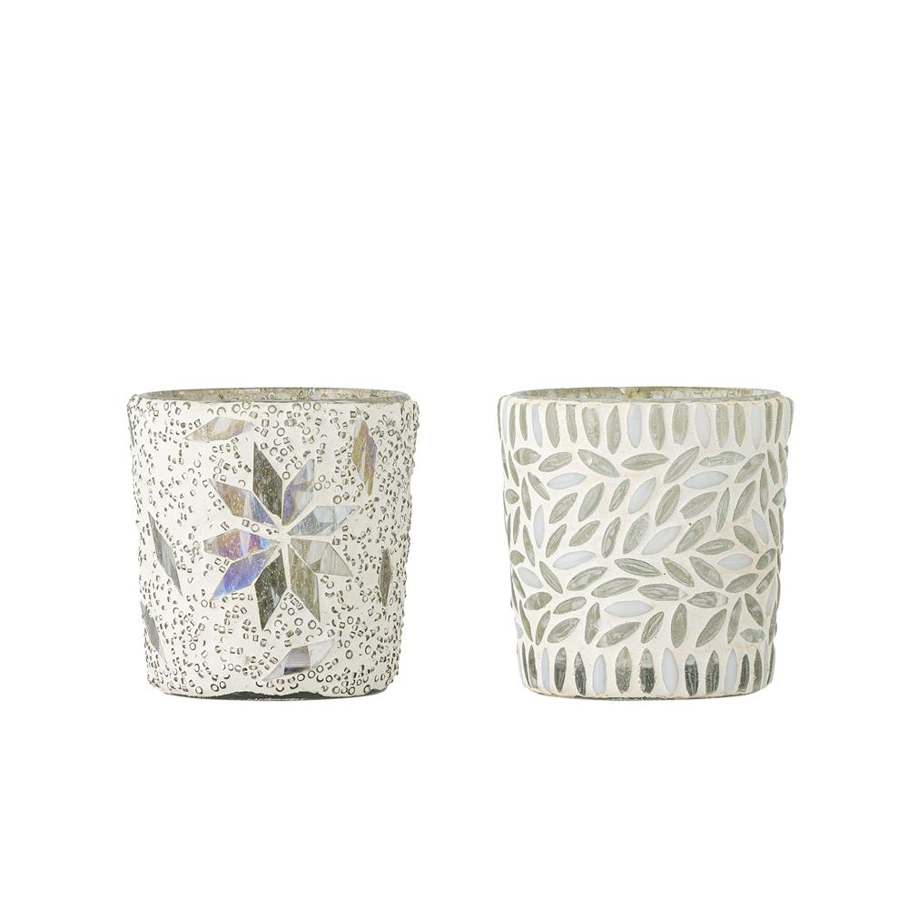 Bloomingville Myr Windlichter, Weiß, Glas 2er Set Teelichthalter mit Blattmotiv