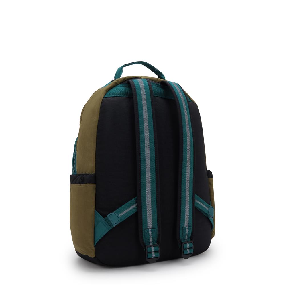 Kipling SEOUL L, Großer Schulrucksack mit 15-Zoll-Laptopfach, 27L, Black Khaki Block (grün)