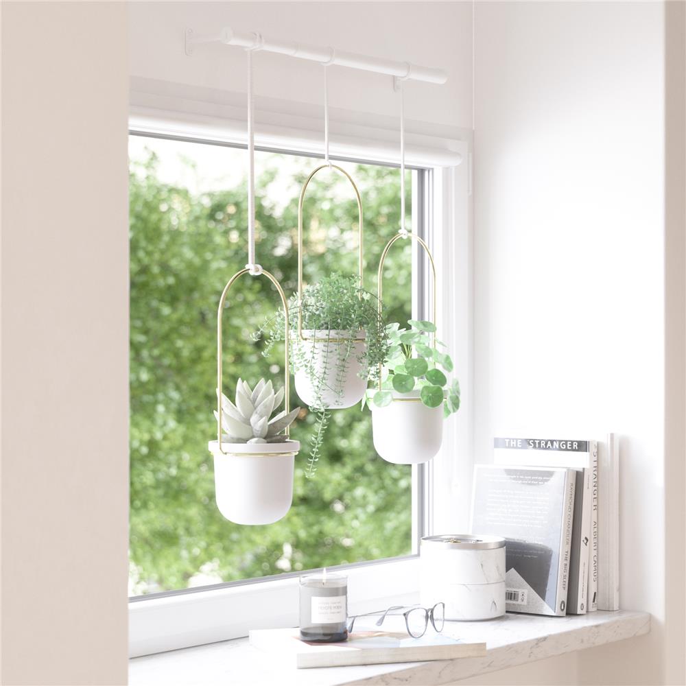 Umbra Triflora Vase Hängeblumentopf Wandvase Blumenampel für Wand und Decke 3er-Set Weiß/Messing