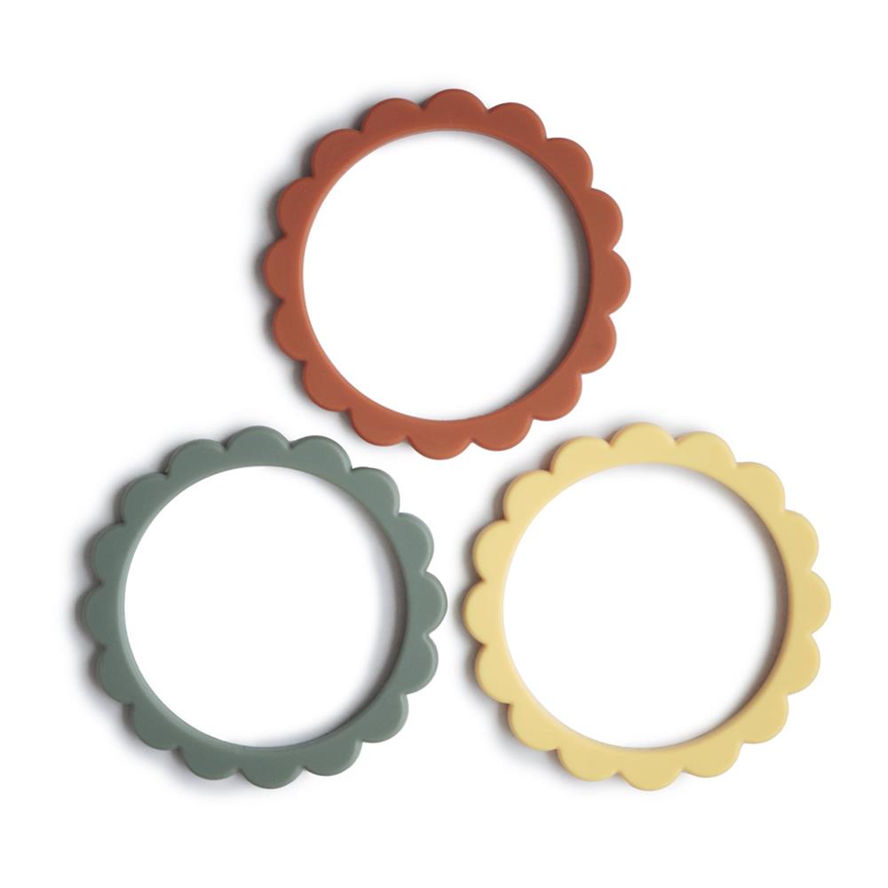 Mushie Beißring Blumen 3er Set, Sunshine/Dried Thyme/Clay, Armband aus Silikon, BPA-frei