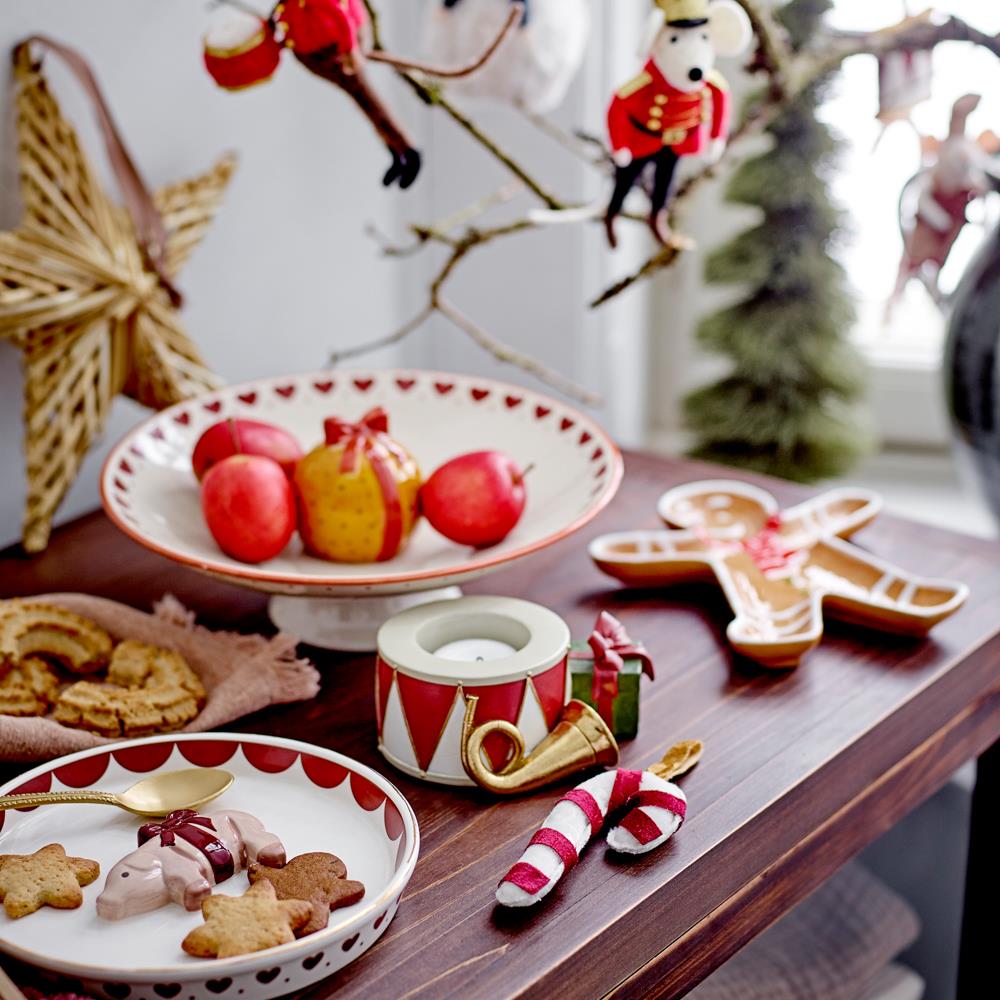 Bloomingville Jolly Sockelschale, Bunt, Steingut Weihnachtsschale mit Herzmotiv