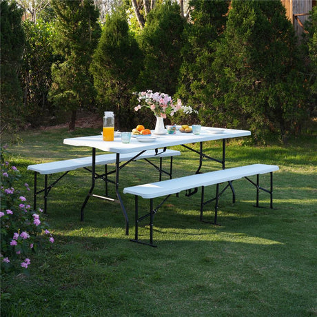 NILS CAMP Klappbank 180 cm Weiß für Garten Camping Events faltbare Sitzbank Outdoor