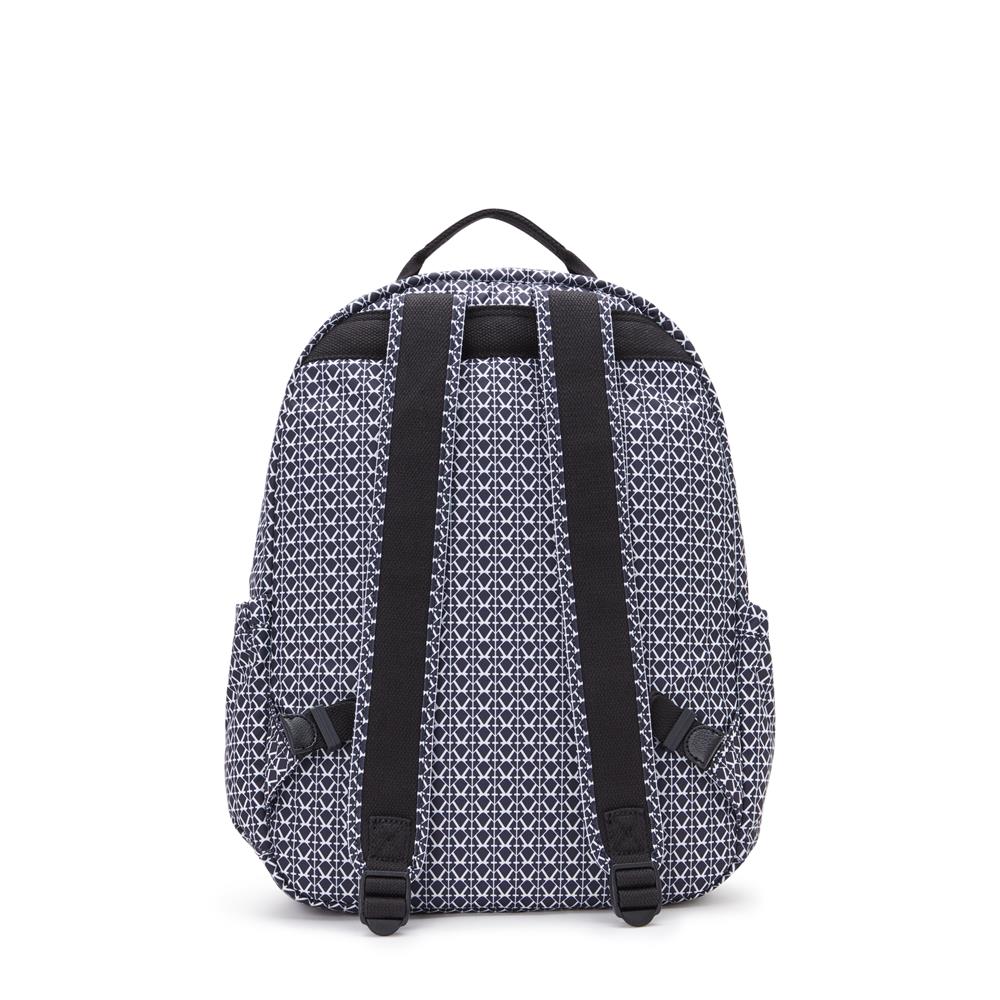 Kipling SEOUL L, Großer Schulrucksack mit 15-Zoll-Laptopfach, 27L, Signature Print (schwarz)