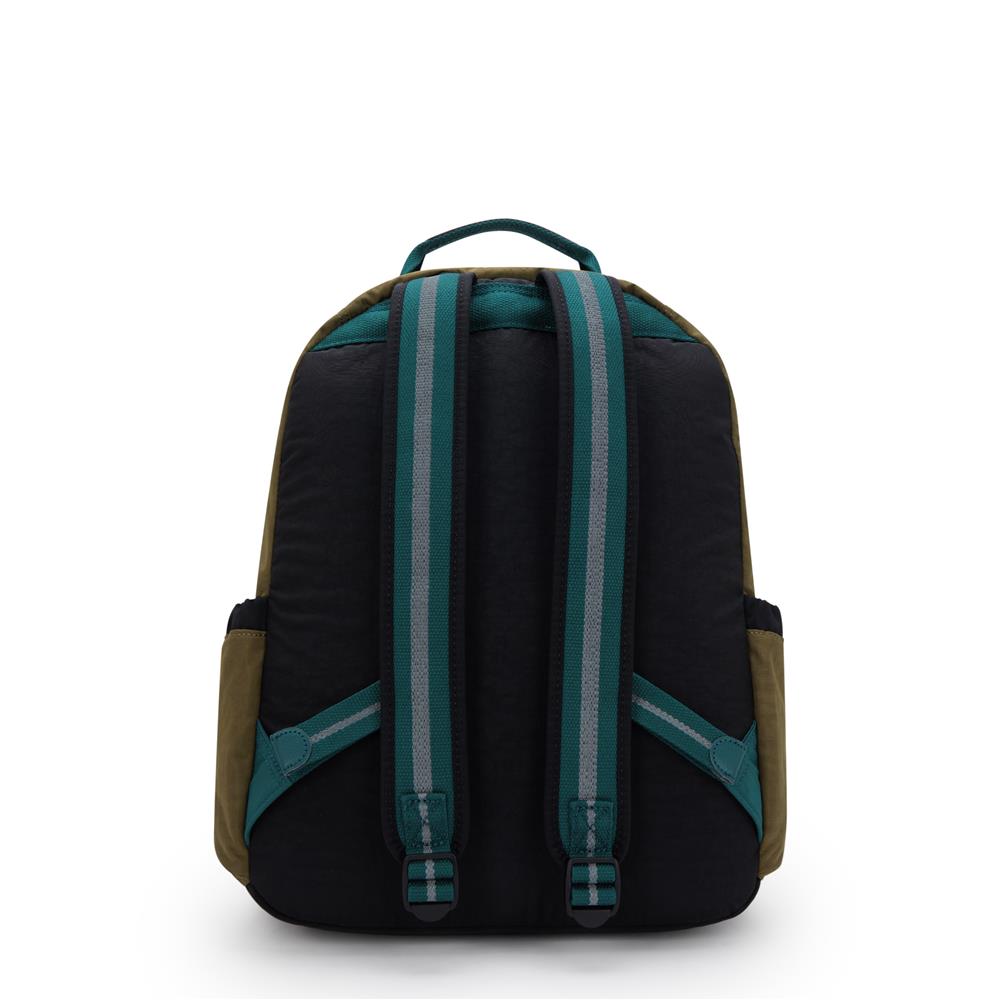 Kipling SEOUL L, Großer Schulrucksack mit 15-Zoll-Laptopfach, 27L, Black Khaki Block (grün)