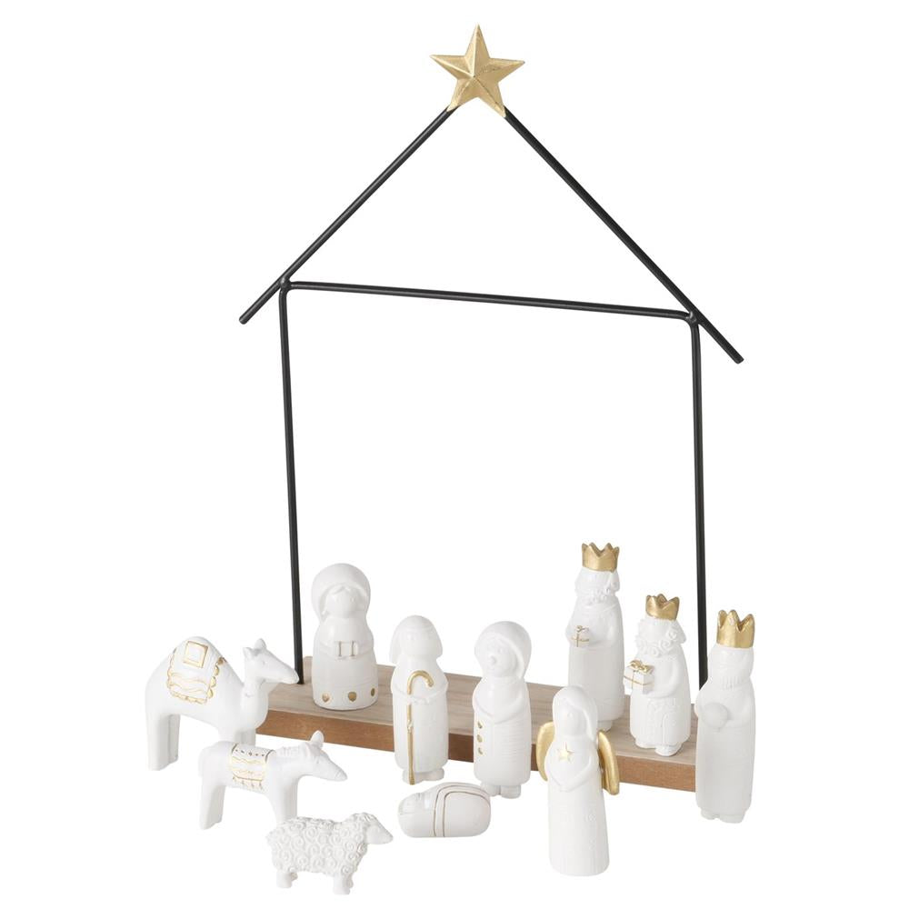BOLTZE Krippe Natos – 12-teiliges Set aus MDF, Kunstharz & Eisen, Schwarz-Weiß, 32 cm hoch