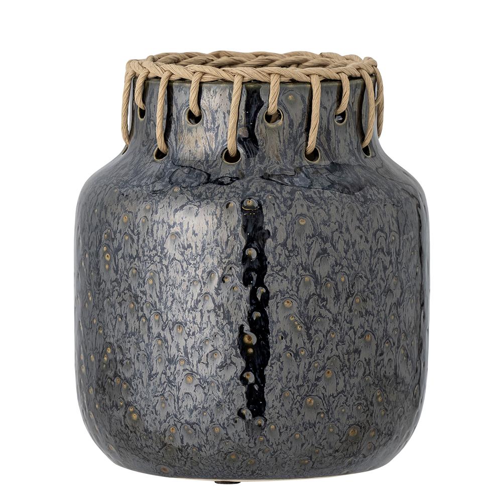 Bloomingville Janel Vase – schwarze Keramikvase mit Rattan-Detail, Ø17xH21 cm