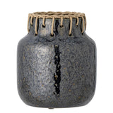 Bloomingville Janel Vase – schwarze Keramikvase mit Rattan-Detail, Ø17xH21 cm
