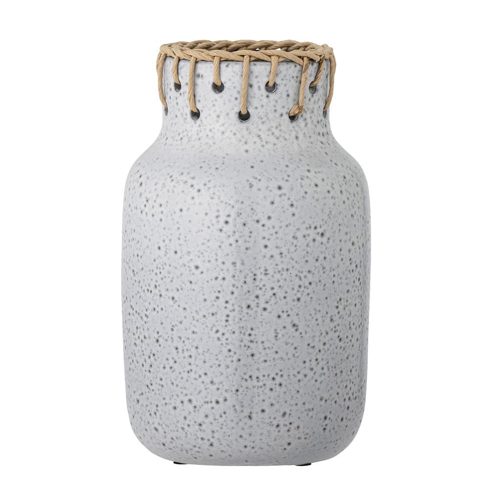 Bloomingville Janel Vase – Keramik in Grau mit Rattan-Detail, Deko-Vase Ø17xH28 cm