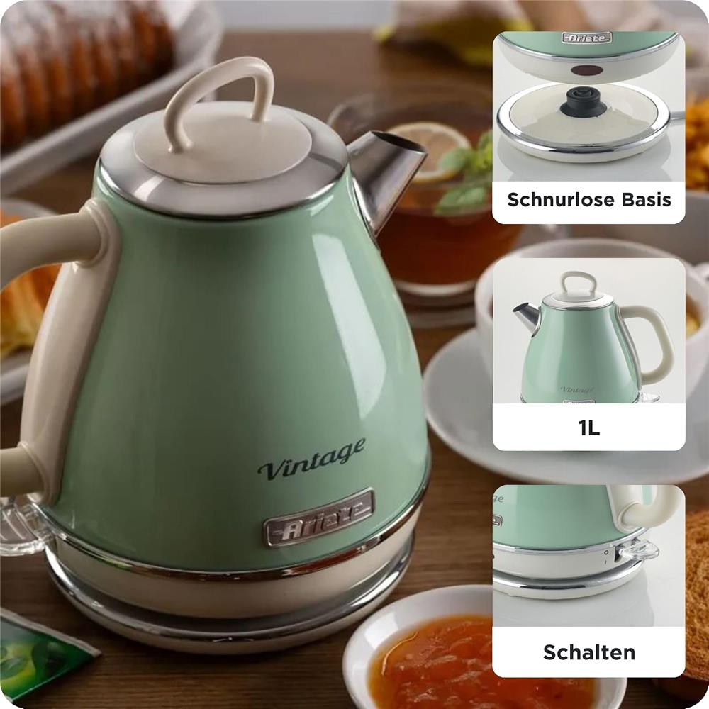 Ariete Vintage Wasserkocher, Grün, 1L Edelstahlkessel, 1630W, Elegantes Retro-Design