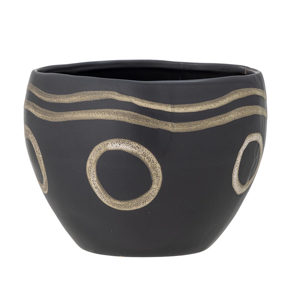 Bloomingville Magnus Blumentopf – Schwarzer Steingut-Topf im Ethno-Design, Ø18,5 cm