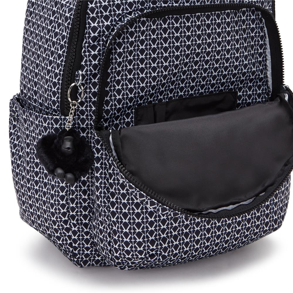 Kipling SEOUL L, Großer Schulrucksack mit 15-Zoll-Laptopfach, 27L, Signature Print (schwarz)