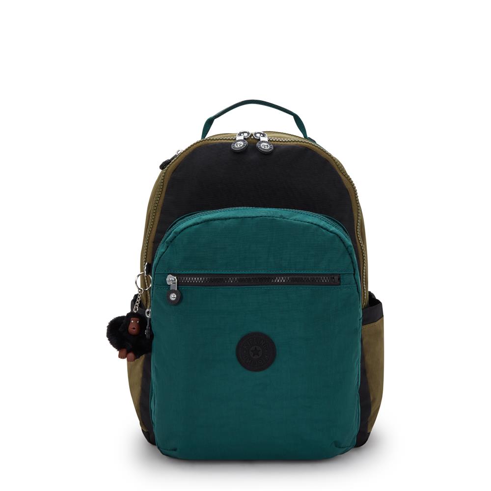 Kipling SEOUL L, Großer Schulrucksack mit 15-Zoll-Laptopfach, 27L, Black Khaki Block (grün)