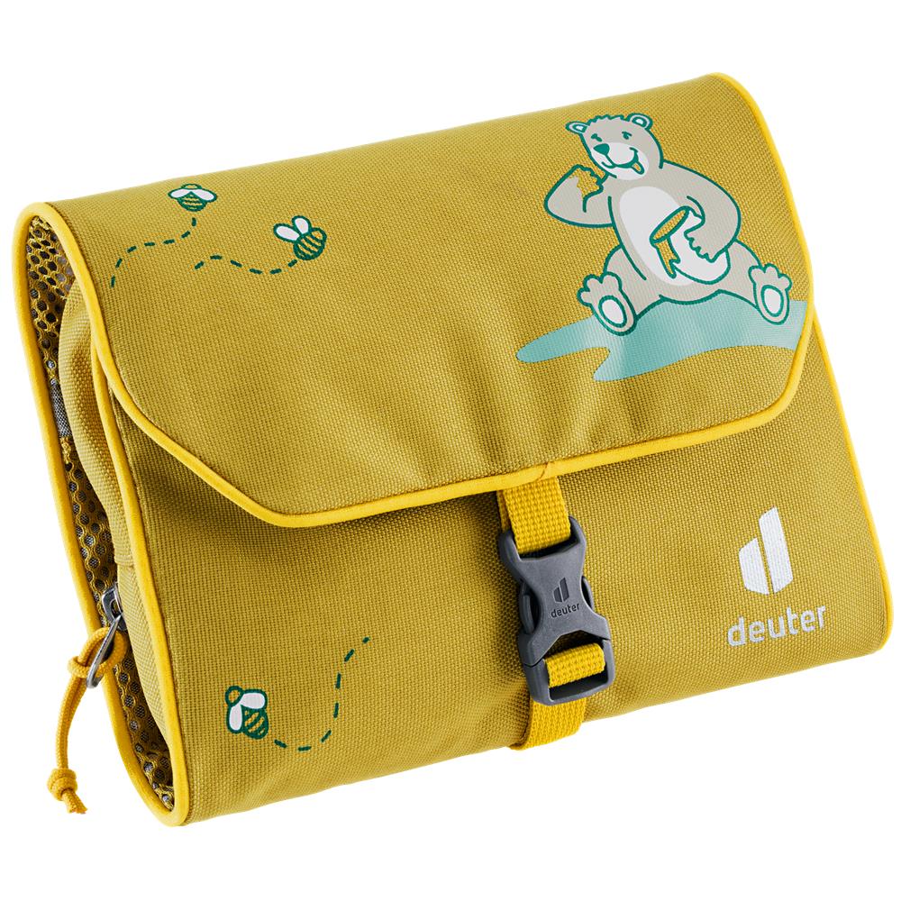 deuter Wash Bag Kids turmeric Kulturbeutel in Gelb mit Bären-Motiv und Aufhängehaken