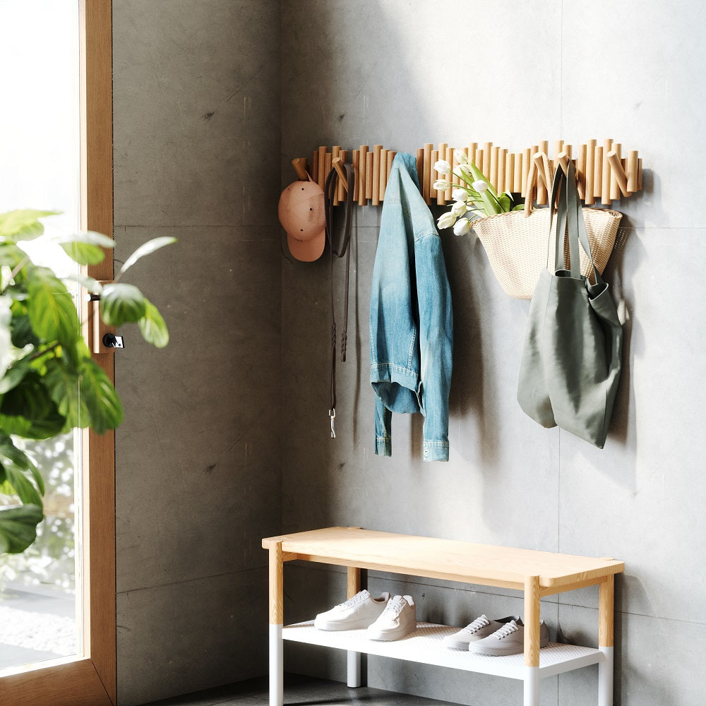 Umbra Picket - Moderne Garderobenleiste mit 5 Garderobenhaken, Natur, aus Kiefernholz
