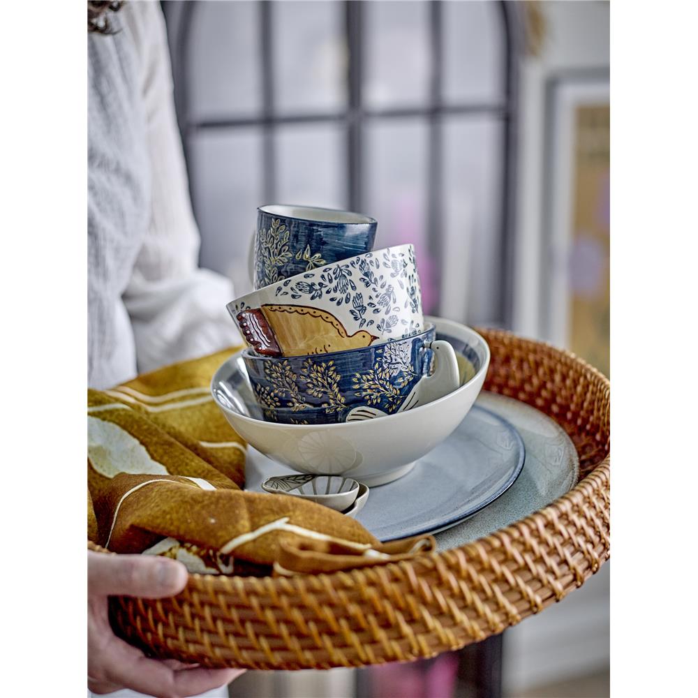 Bloomingville Hezha Schüssel in Blau, 460ml, aus Steingut mit Vogelmotiv
