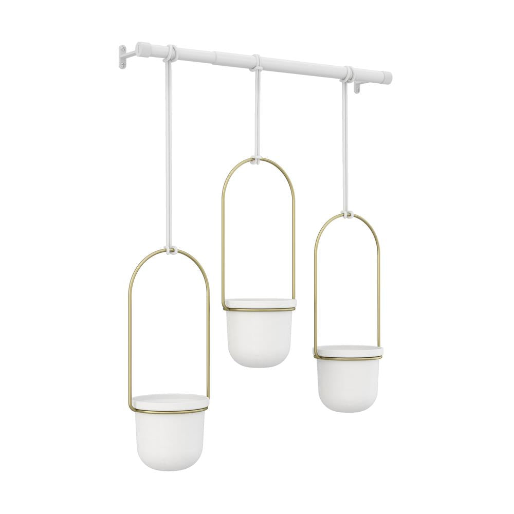 Umbra Triflora Vase Hängeblumentopf Wandvase Blumenampel für Wand und Decke 3er-Set Weiß/Messing