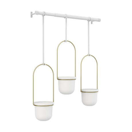 Umbra Triflora Vase Hängeblumentopf Wandvase Blumenampel für Wand und Decke 3er-Set Weiß/Messing