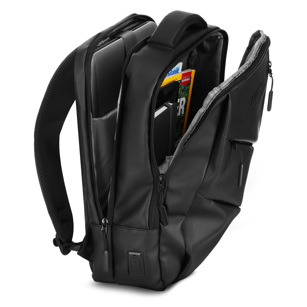 NILS Laptop Rucksack 15L Schwarz - mit USB- und USB-C-Anschlüssen Arbeit Schule Uni Reisen