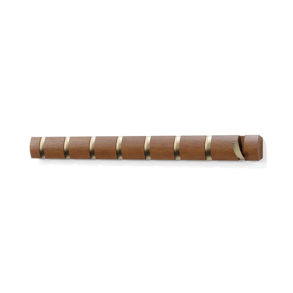 Umbra Flip Wandgarderobe, Garderobenleiste in Walnuss Hell, mit 8 beweglichen Haken in Warmes Gold
