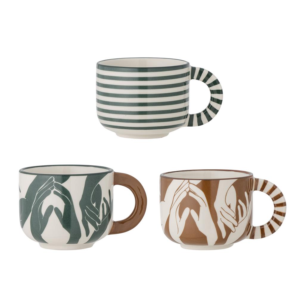 Bloomingville Carim Tasse 3er Set, 245ml, aus Steingut mit verschiedenen Mustern