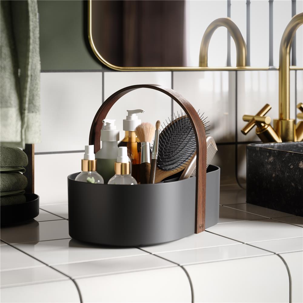 Umbra Bellwood Caddy mit herausnehmbarer Trennwand, Organizer für Kosmetik in Schwarz/Walnuss