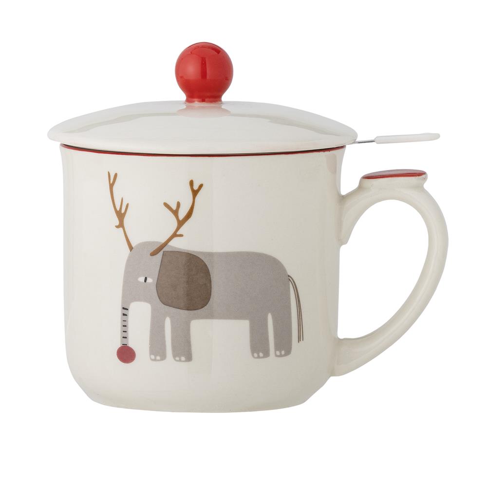 Bloomingville Valentin Tasse mit Deckel und Teesieb – mit Weihnachtsmotiv eines Elefanten, dänisches Design