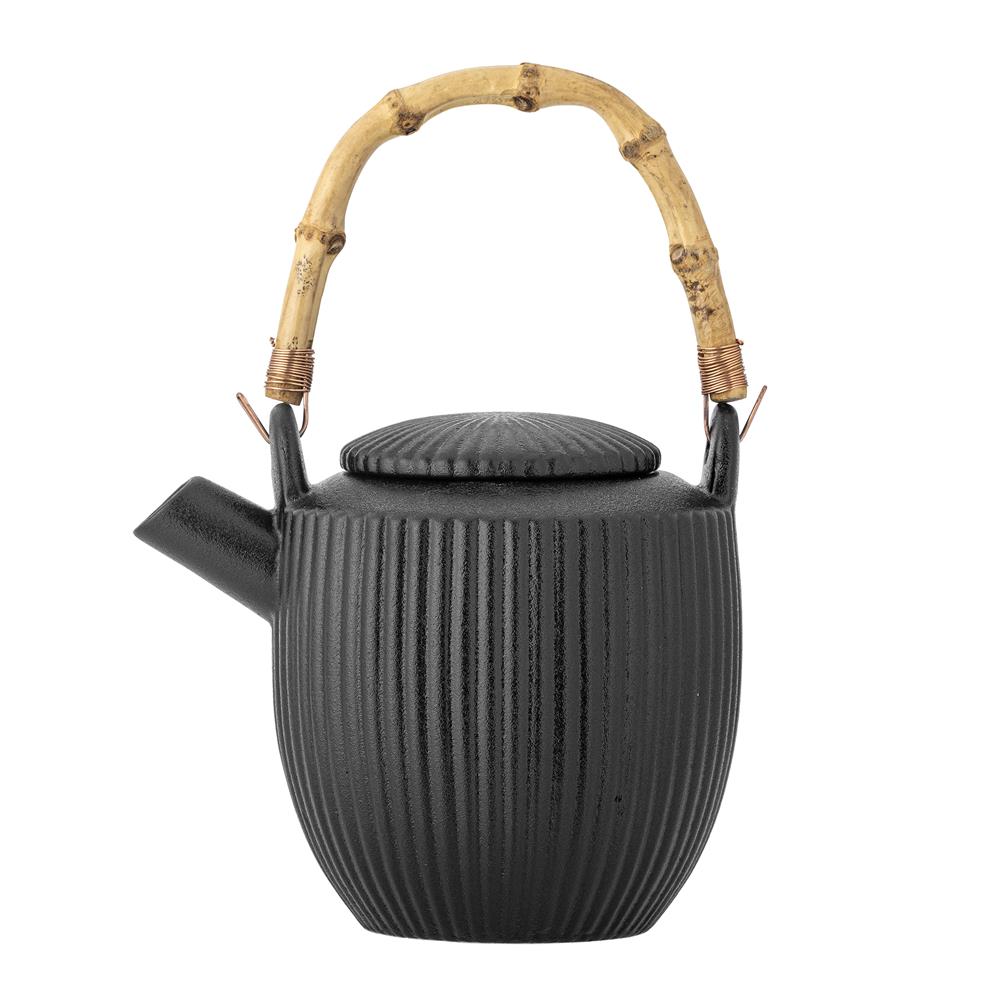 Bloomingville Neri Teekanne Schwarz – Steingut, 850 ml, Bambusgriff, skandinavisches Design mit Rillenstruktur