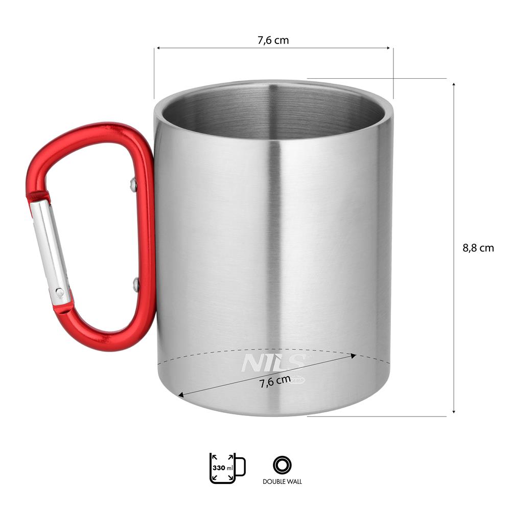 NILS CAMP Campingbecher Edelstahl 300 ml Rot - doppelwandiger Outdoor Becher mit Karabiner für Camping