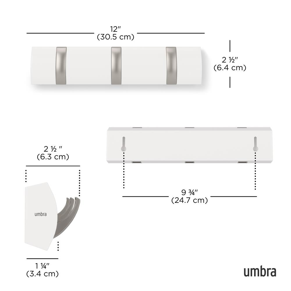Umbra Flip Wandgarderobe, Garderobenleiste in Weiß, mit 3 beweglichen Haken in Silber
