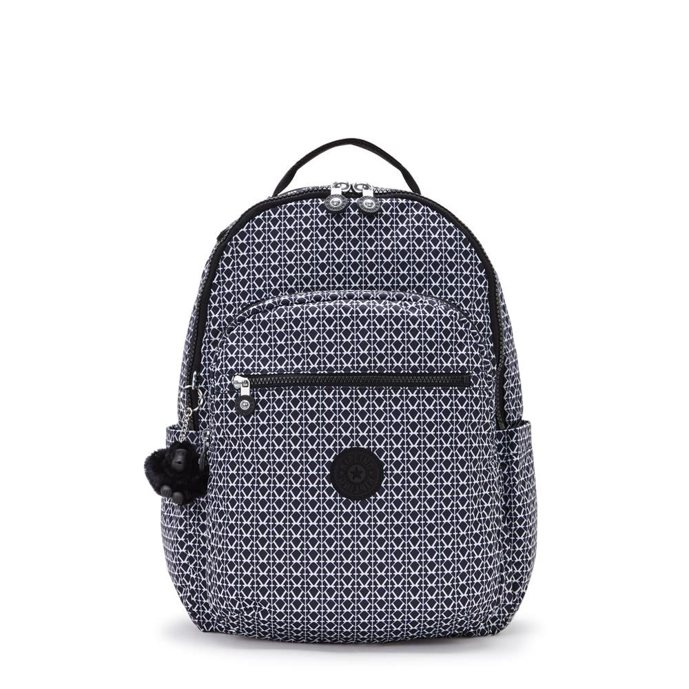 Kipling SEOUL L, Großer Schulrucksack mit 15-Zoll-Laptopfach, 27L, Signature Print (schwarz)