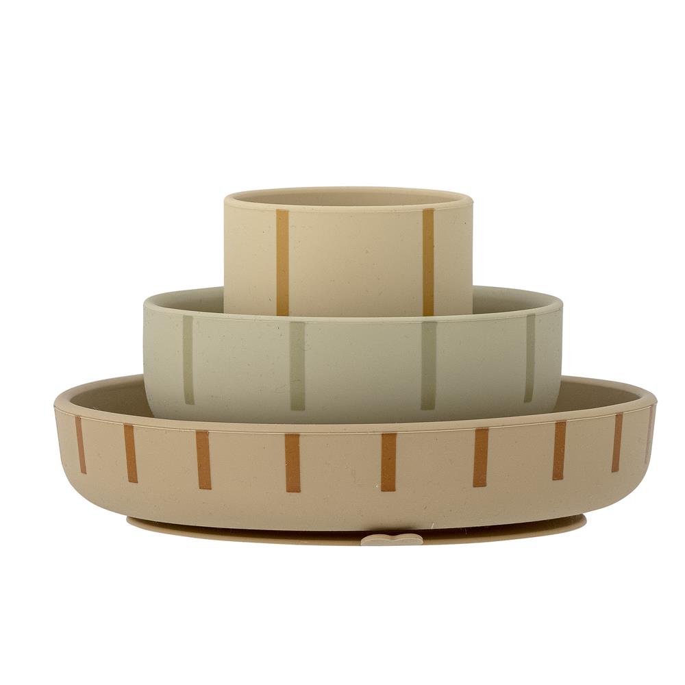 Bloomingville MINI Levi Geschirr-Set, Grün, Silikon, 3er Set mit Teller + Schüssel + Becher