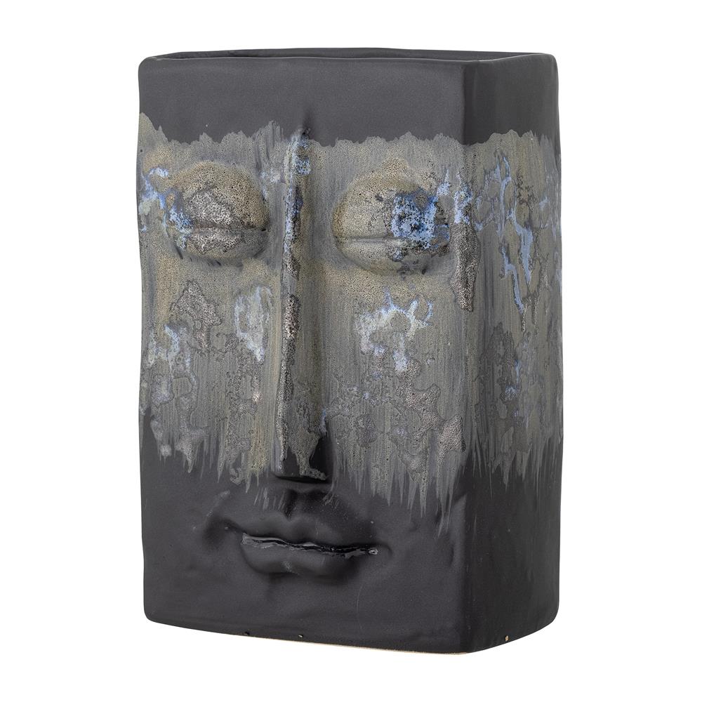 Bloomingville Nasru Vase – Schwarzes Steingut mit Gesichtsform, L15×H22×W10,5 cm